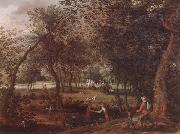 David Vinckboons A wooded river landscape with saint john the baptist preaching inthe distance oil painting